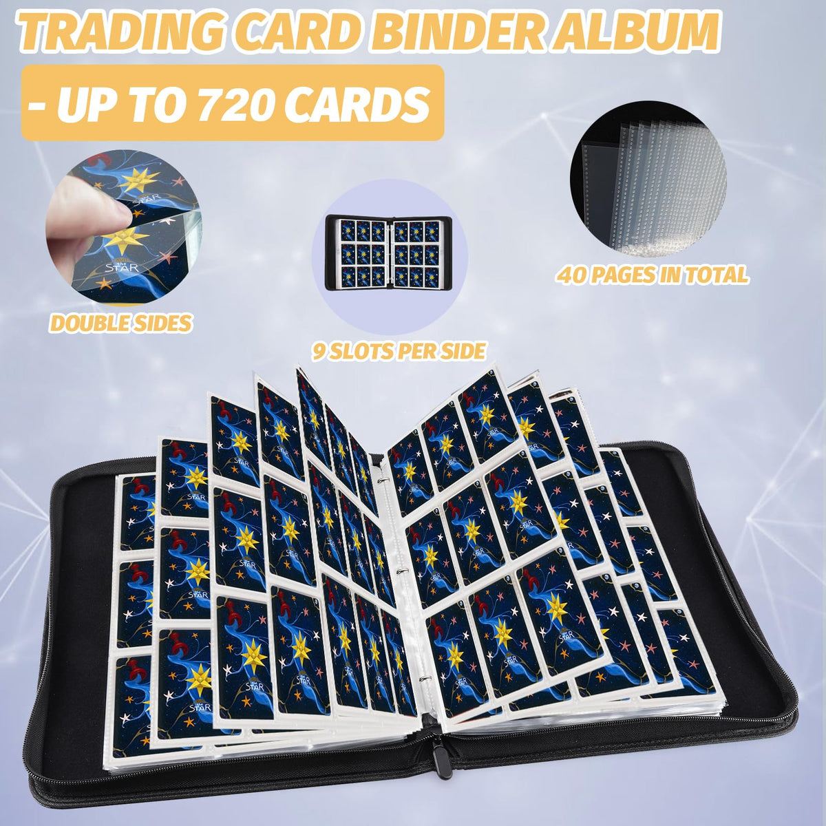 720 Pockets Round Ring Trading Card Binder, 9-Pocket Clear Zipper Card Album with Wrist Strap, Holds 720 Standard TCG Cards Compatible with Sports Baseball Football Game Cards (Purple Print)