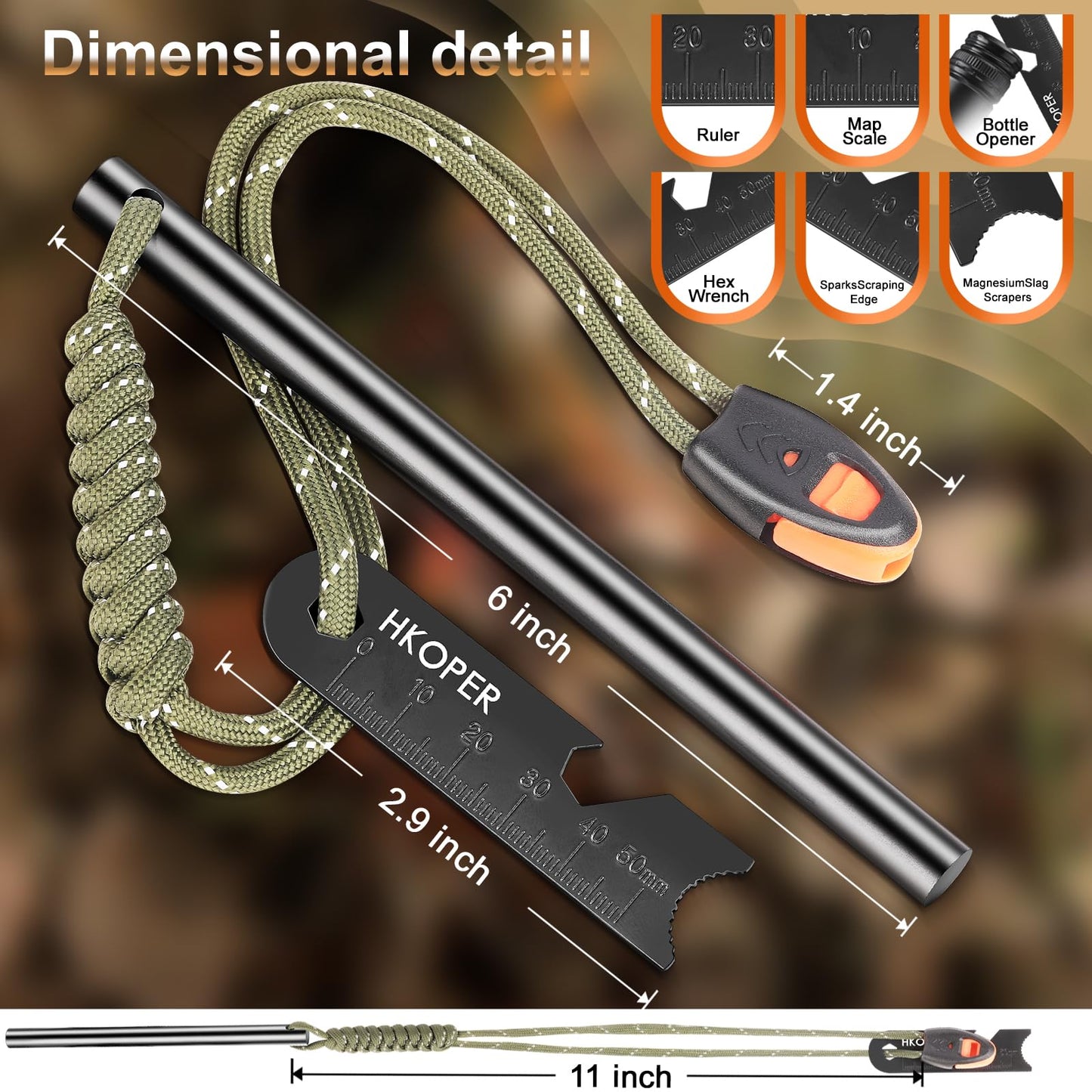 Hkoper Ferro Rod Fire Starter with Striker, Flint and Steel Fire Starter, 6" x 3/8" Survival Tool, 15,000+ Strikes, Large Sparks in Any Weather, Camping Hiking Bushcraft Gear