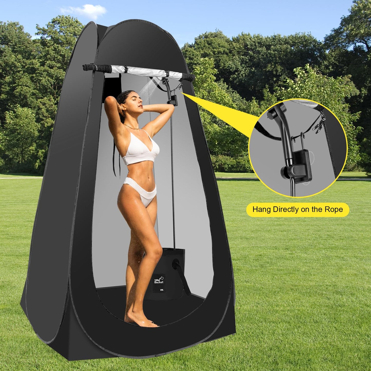 Pop Up Shower Tent for Camping, Portable Outdoor Privacy Shower Tent with 6000mAh Rechargeable Shower (Black)