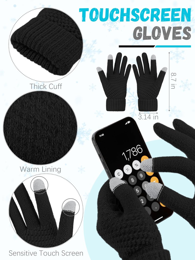 Winter Beanie Hat Scarf Gloves, Black Variegated Color Warm Fleece Knit Hats Touch Screen Gloves Neck Scarf Set