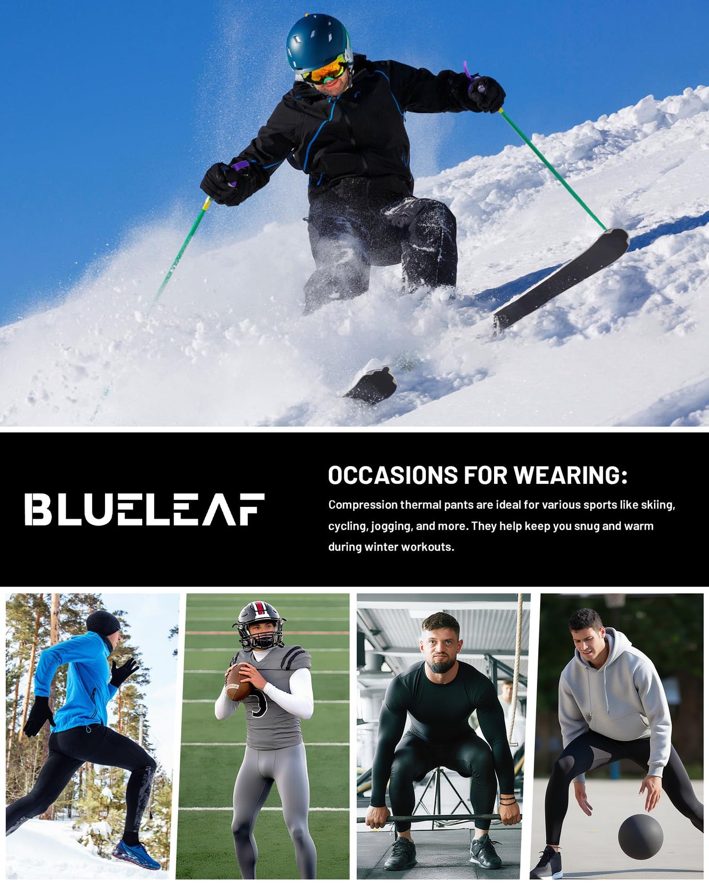Blueleaf Mens Thermal Compression Pants Fleece Lined Athletic Running Tights Leggings Cold Weather Sports Base Layer Bottoms Winter Gear Black M