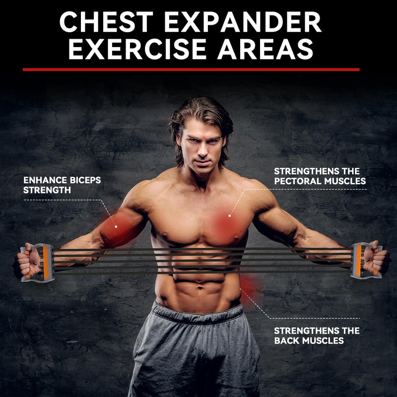 Adjustable Chest Expander with 5 Removable Tubes, 4 Resistance Levels Forearm Strengthener Arm Trainer for Chest Back Shoulder Muscles, Home Gym Upper Body Workout Equipment for Men Women
