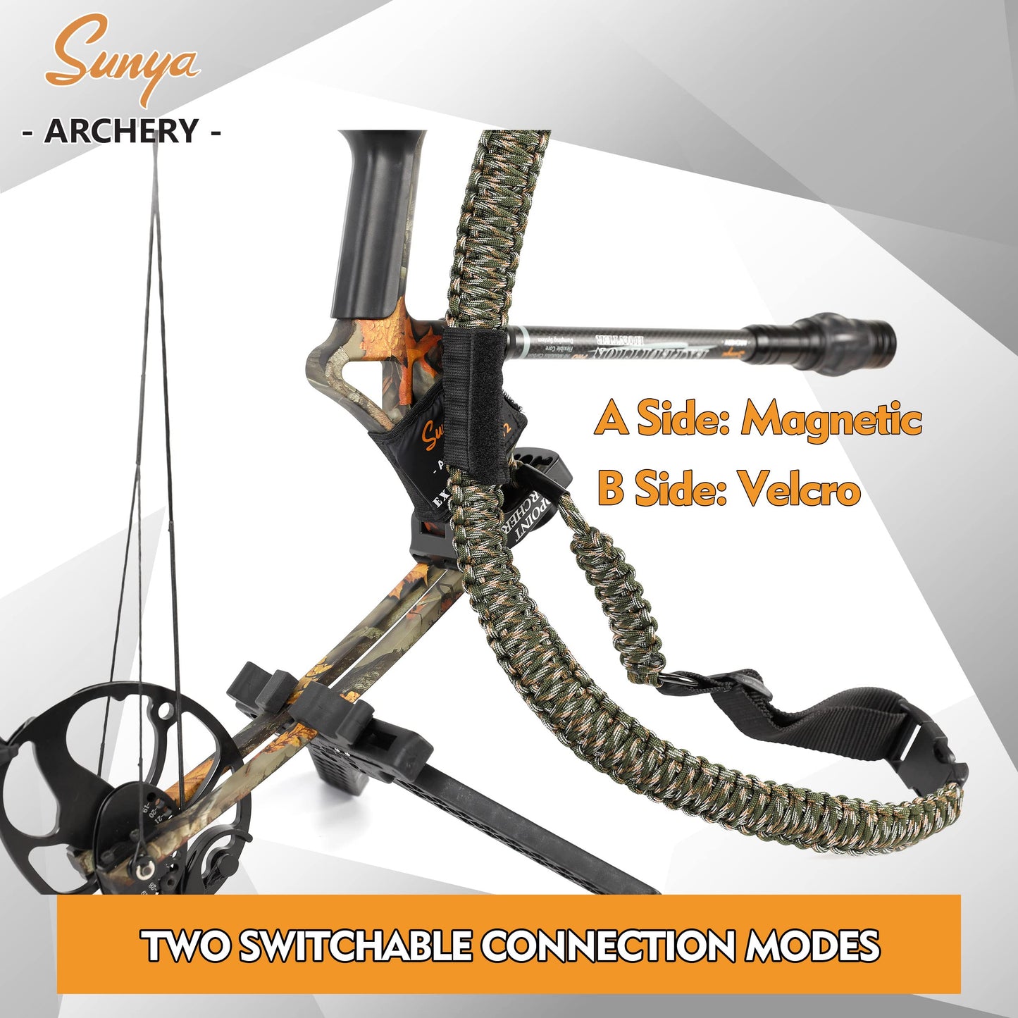 Sunya Paracord Compound Bow Sling with V2 Upgraded Magnetic Connection System. Lightweight Hands Free Shoulder Carrying Sling for Bow Hunting, Field Archery and 3D (Winterfell Camo)