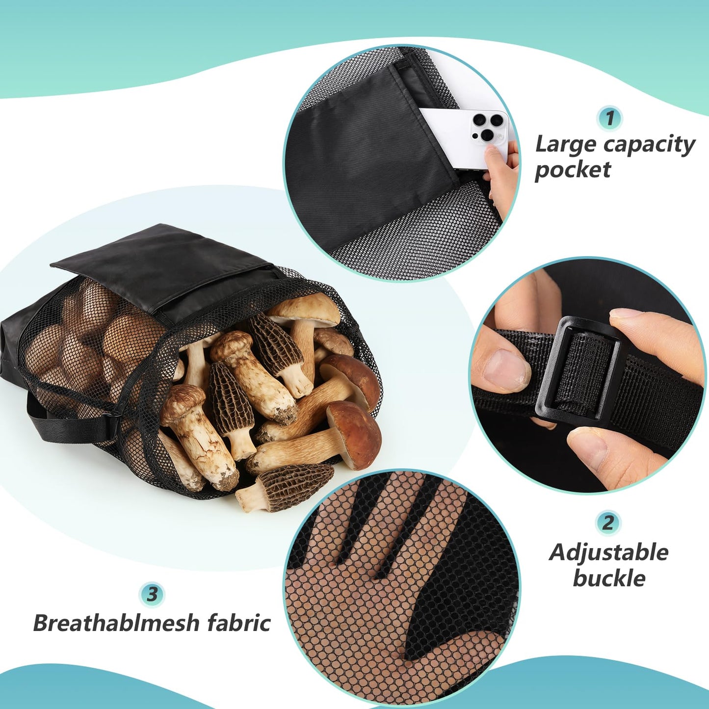 INKNOTE 2 Pcs Mushroom foraging bag with pockets Reusable mushroom hunting pouches Mesh bags Field harvest bags for Outdoor Mushroom Vegetables Fruit Picking,Black