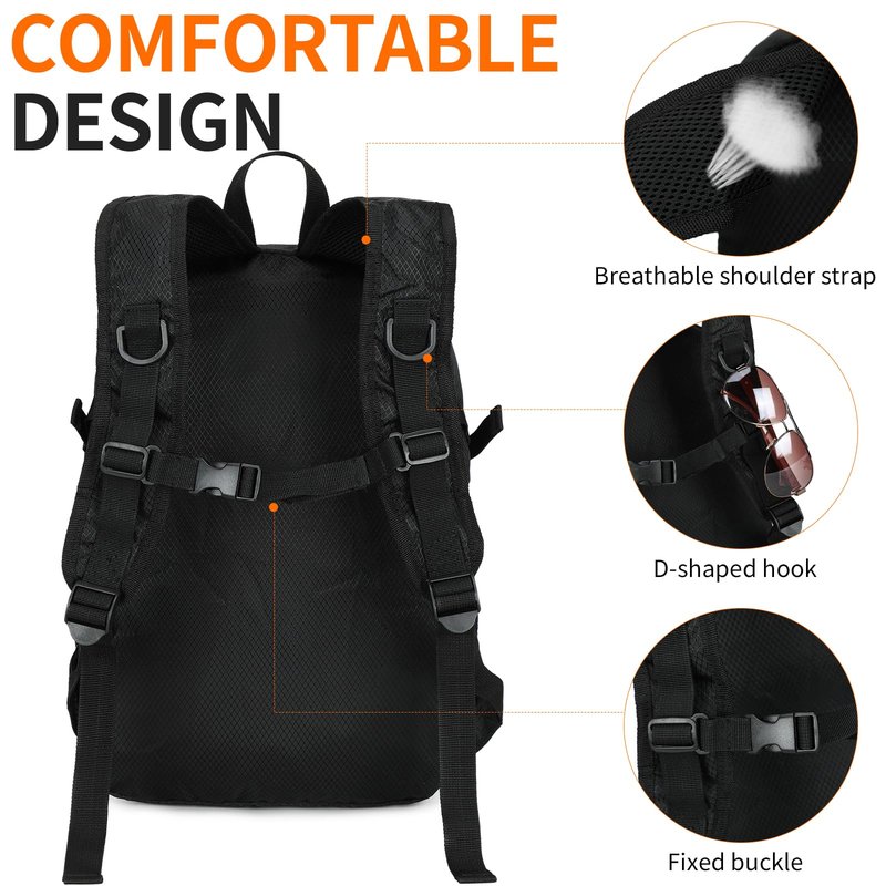 SFIUYDS Small Hiking Backpack Travel Lightweight Hiking Packable Daypack Water-Resistant Foldable Backpacks 15L for Travel Women Men Camping (Black)