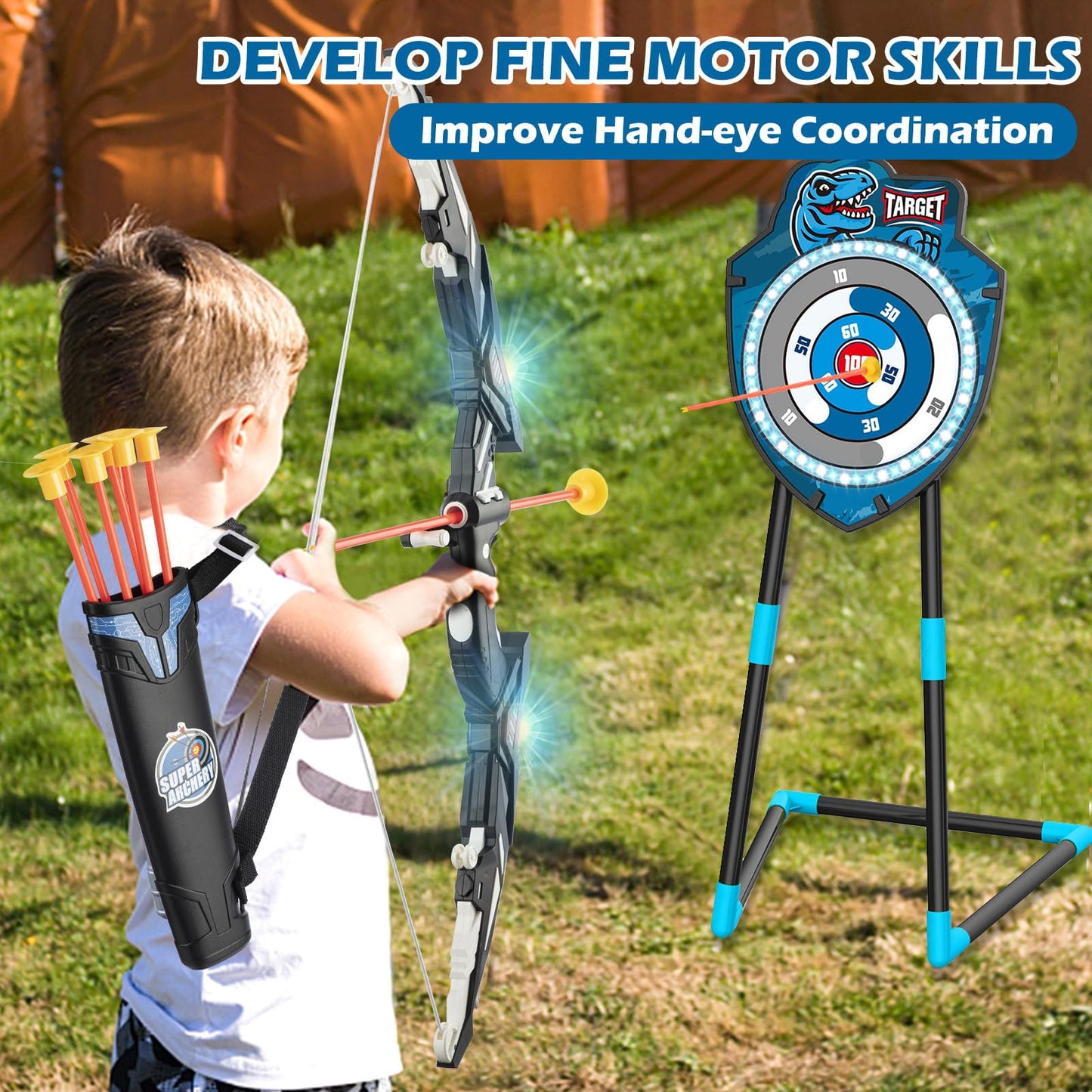 VROGTIK Kids LED Archery Set with Standing Target, 10 Suction Cup Arrows Bow and Arrow for Kids 3-12, Indoor Outdoor Sport Toy for Boys Girls