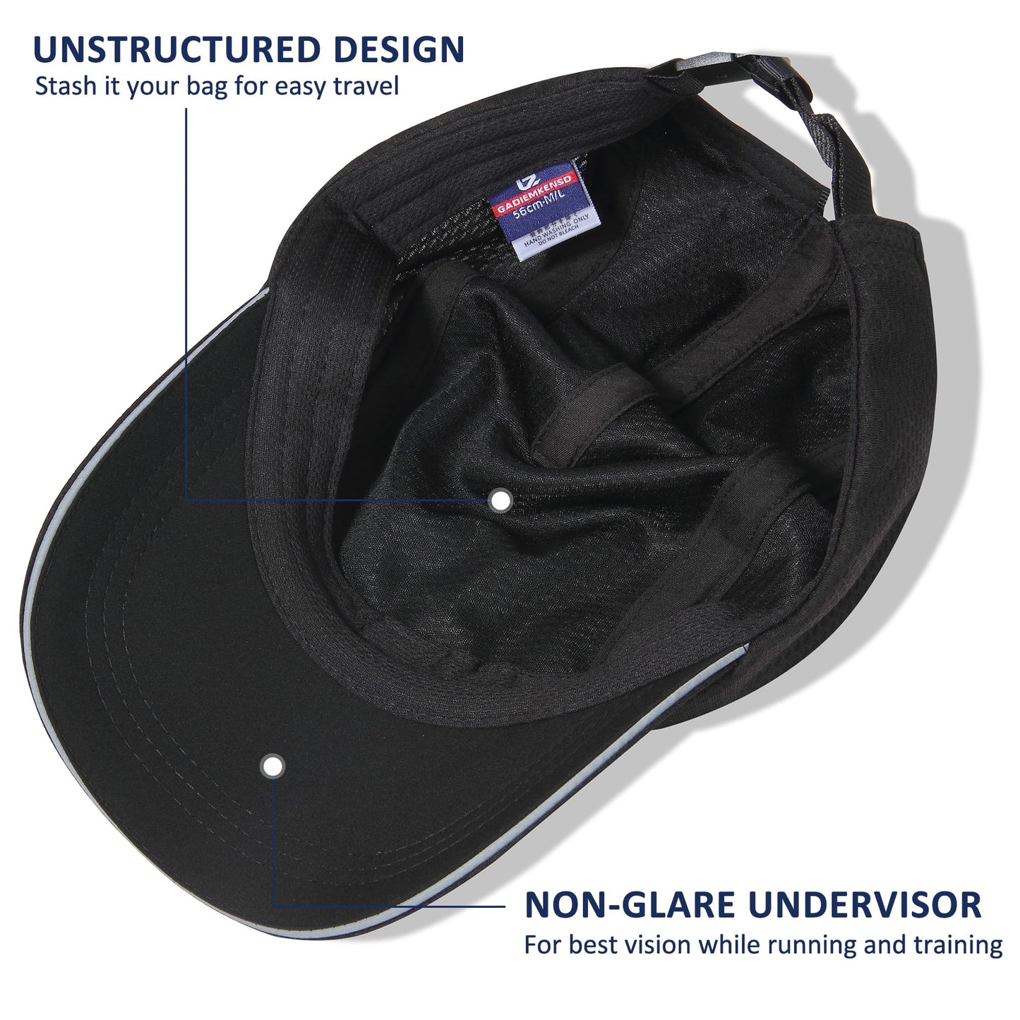 GADIEMKENSD Women's Race Day Running Hat Performance 100% Polyester Baseball Cap - Excellent Ventilation, Lightweight, Reflective Safety Ponytail Hats for Exercise Golf Hiking Beach Workout Gym Black