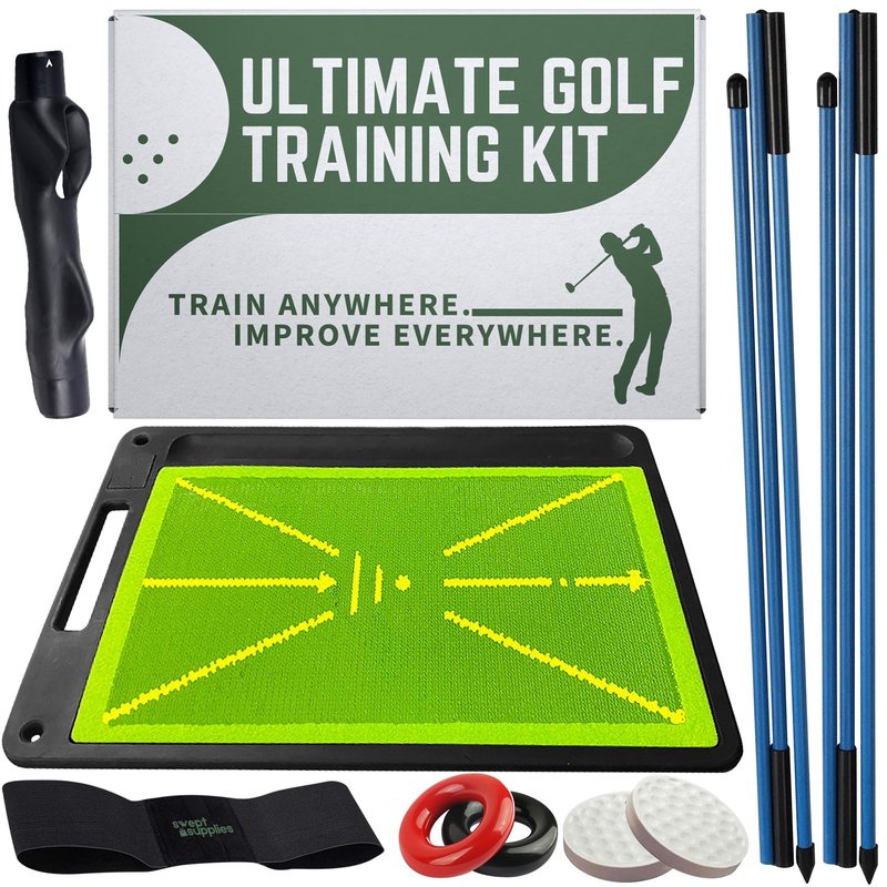6-in-1 Golf Swing Trainer with Divot Board, Golf Grip Trainer, Alignment Sticks and Training Aid | Golf Accessories for Men & Women | Hitting Mat Practice Indoor & Outdoor