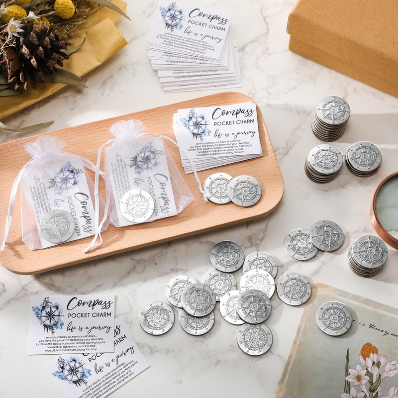 Beeveer 50 Sets Compass Pocket Tokens Bulk Motivational Coins with ''Life is a Journey'' Quote, Cards and Organza Bags, Orientation Graduation Gifts for Students, Teachers, Friends