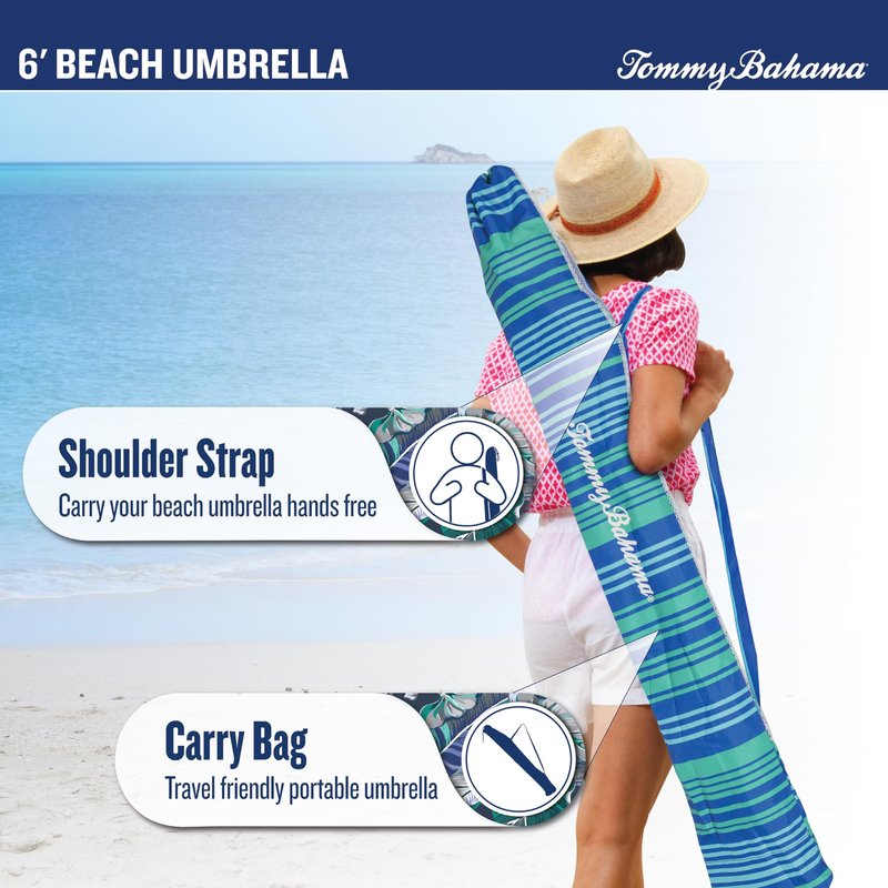 Tommy Bahama 6' UPF 50+ Tilt Beach Umbrella with Integrated Sand Anchor, Wind Vent, and Carry Bag, Multi Stripe
