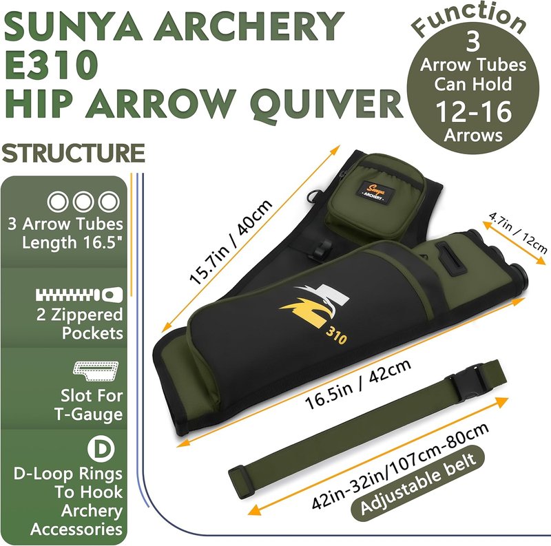 Archery Hip Quiver for Arrows - 3 Tubes Holder with Pockets & Waist Belt | Fits Compound & Recurve Bows