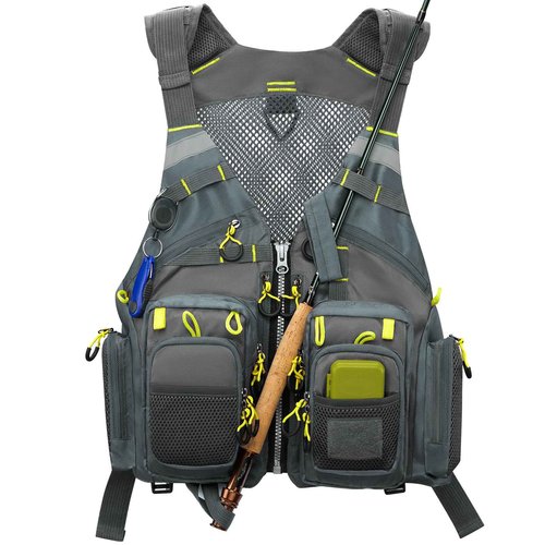 Gonex Fly Fishing Vest for Men Women, Comfortable Adjustable Fishing Vest with Multi-Pockets Reflective Stripes, Gray+Yellow