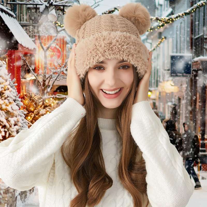 Peicees Knitted Beanie with Fur Pompom for Women Chunky Winter Beanie Hat Warm Fleece Lined Skull Cap Cute Khaki