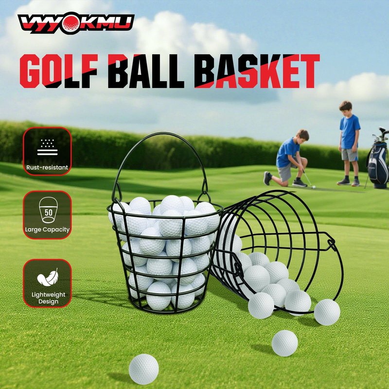 VYYOKMU Mental Golf Ball Basket with Handle, 2 Pack Golf Ball Buckets, Stainless Bucket of Golf Balls, Holds 50 Balls of Golf Ball Holder, Portable Metal Baskets for Storage for Golf Cart Accessories