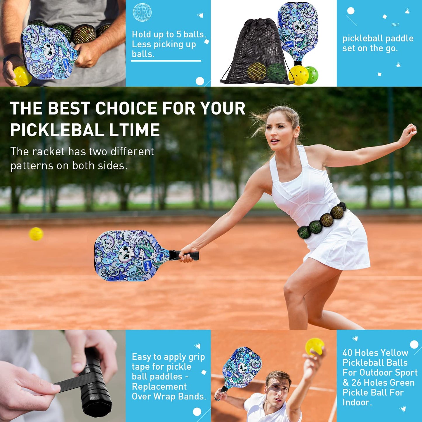 Pickleball Paddles Set of 4 with 4 Premium Wood Paddles & 4 Pickleballs & 2 Handle Grips Tape & 2 Pickleball Belts & Carry Bag for Beginners Men Women Adults(Skull Pattern)