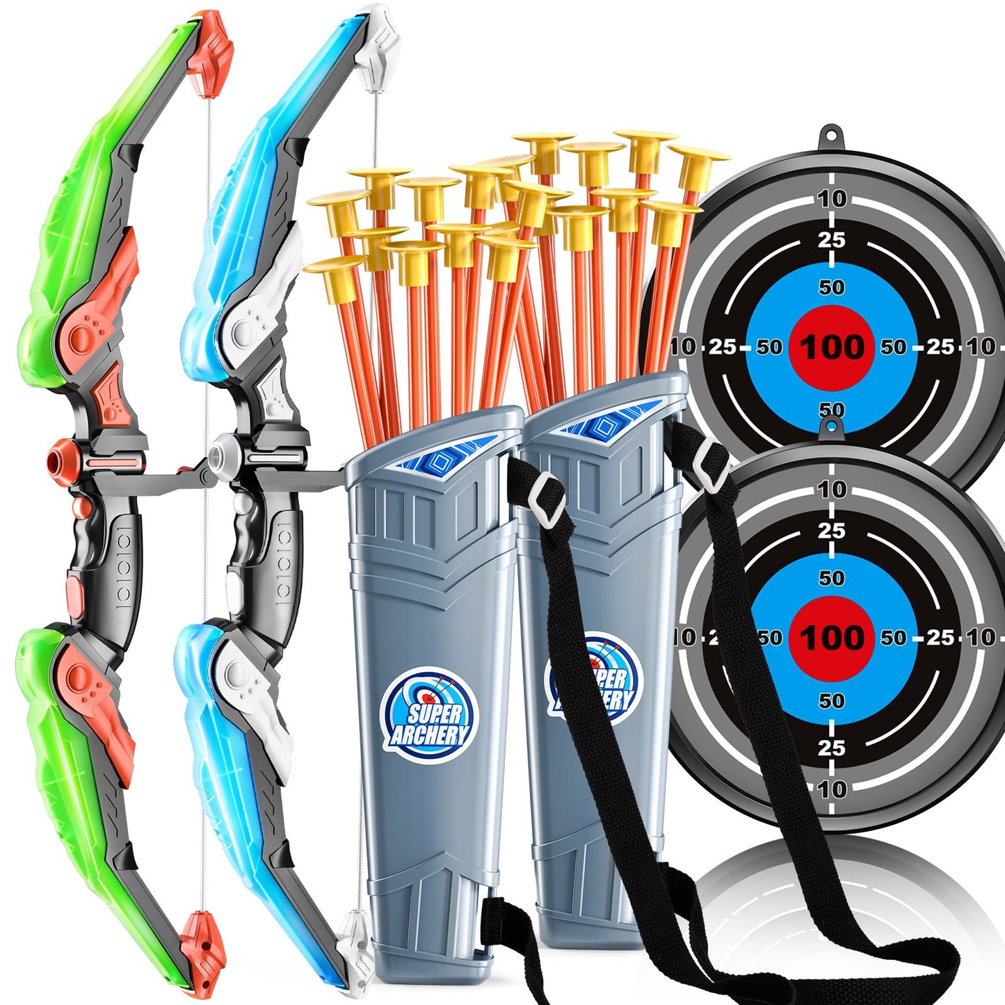 2 Pack Set Bow and Arrow Archery Toy for Kids, LED Light Up with 20 Suction Cup Arrows Target & Quiver, Outdoor Toys Kids Boys Girls Ages 3-12 Years Old