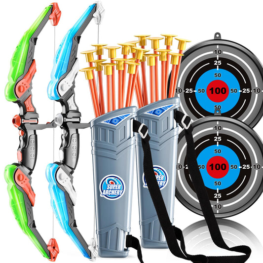 2 Pack Set Bow and Arrow Archery Toy for Kids, LED Light Up with 20 Suction Cup Arrows Target & Quiver, Outdoor Toys Kids Boys Girls Ages 3-12 Years Old