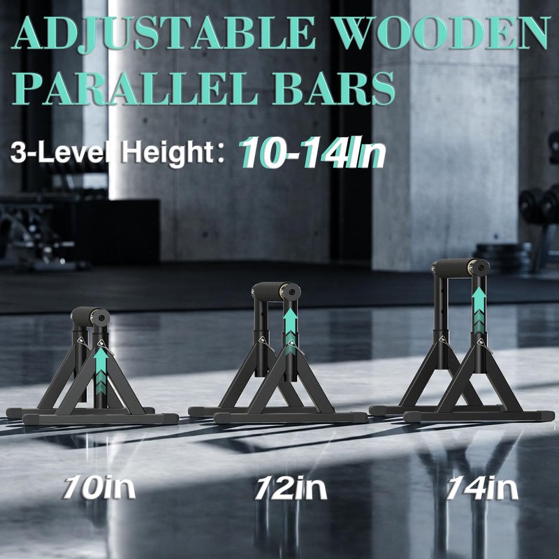 10-14'' Wooden Parallel Bar and Dip Bar with Adjustable Height and Non-Slip Handles, Rock-Free Fitness Equipment for Handstands, L-Sits, Gymnastics and Strength Training for Home Gym, 600lbs Capacity