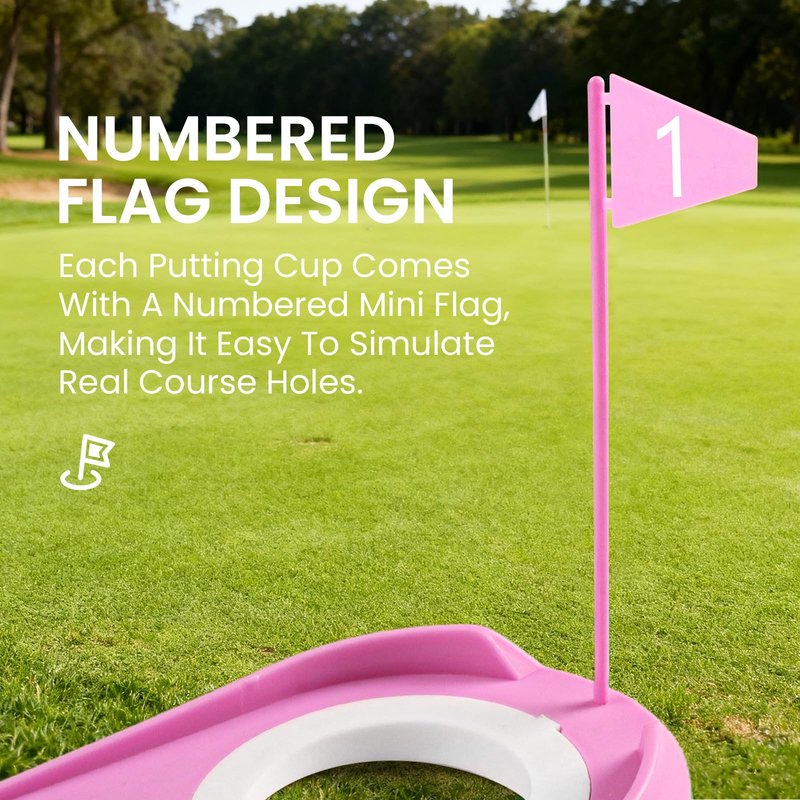 FINGER TEN Golf Putting Cup with Numbered Flag Design Value 6 or 9 Pack, Durable Plastic Practice Cups Golf Training Aids, Lightweight Easy to Carry for Office Backyard Indoor Outdoor (Pink-6 Pack)