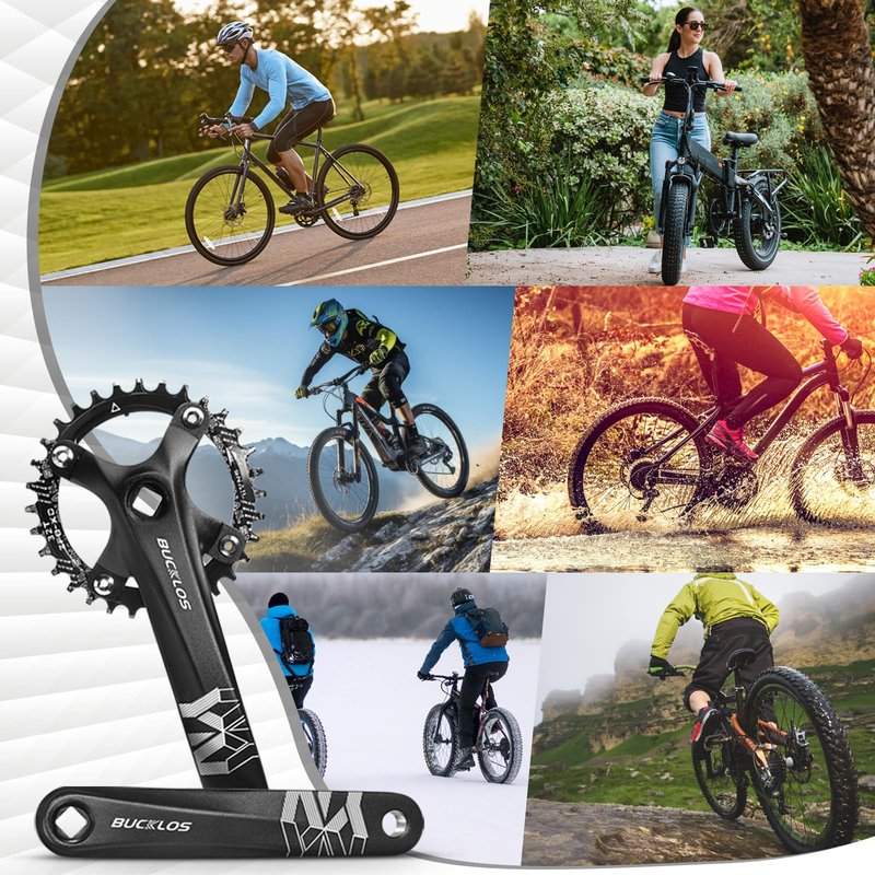 BUCKLOS MTB Mountain Bike Single Speed Square Taper Crankset -170mm Cranksets Bicycle Crank Set with 104BCD 32/34/36/38/40/42T Round/Oval Chainring Fit for Ebike/Commuter Bike