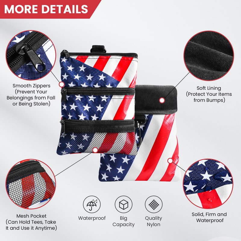 Amy Sport Golf Bag Accessories Valuables Pouch Bags Multi Pocket Zipper Hook with 10 Pcs Wood Golf Tees for Men Women (USA Flag)
