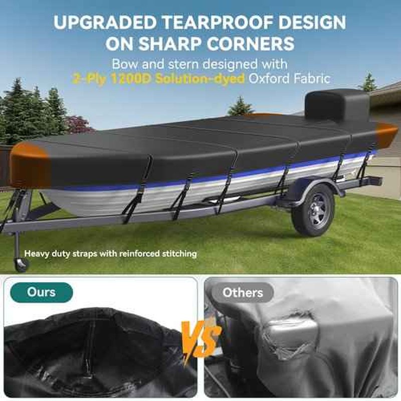 1200D 5-Layer Jon Boat Cover 16-18ft with Motor Cover | Super Waterproof (2-Layer PU, 1" Seam Tape) | UV Resistant, 11+4 Windproof Straps | Mooring/Trailerable