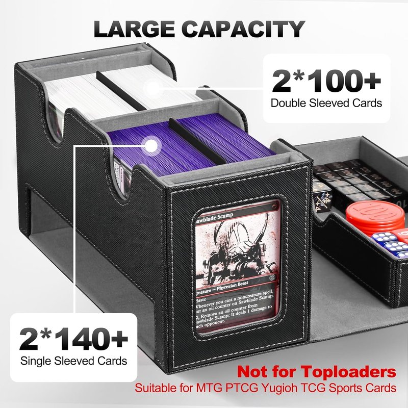 Card Deck Box for MTG - Double Storage Organizer with 2 Commander Displays & 1 Dice Tray | Fits 200+ Double Sleeved Cards (Black Gray)