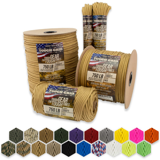 TOUGH-GRID 750lb Paracord/Parachute Cord - 100% Nylon Mil-Spec Type IV Paracord Used by The US Military, Great for Bracelets and Lanyards, 50Ft. - Gold