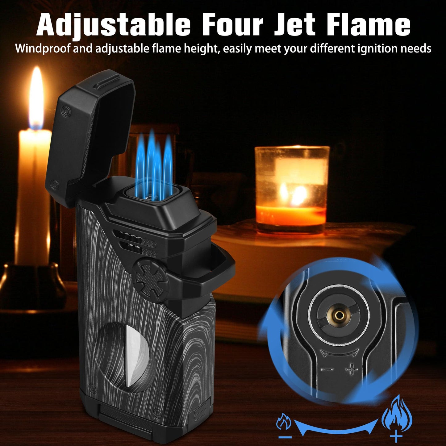 FLABOX 5-in-1 Torch Lighter with V Cutter Holder Punch and Draw Enhancer Tool,Four Windproof Jet Flame Multi-Functional Lighter,Refillable Butane Lighter with Gift Box for Men Black,Without Butane