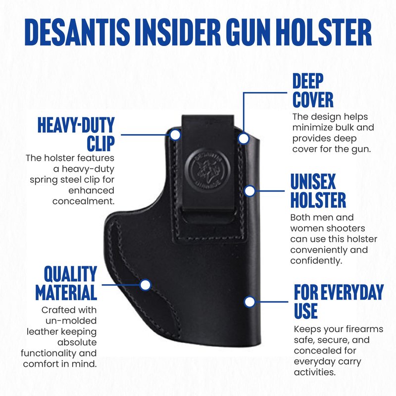 Desantis Insider Gun Holster, Heavy-Duty Spring Steel Clip, Unmolded Leather Holster, Fits Glock 26, 26 GEN 5, 27, 27 GEN 5, Taurus PT111 Millennium G2, Unisex Glock Holster, Right Hand Draw, Black