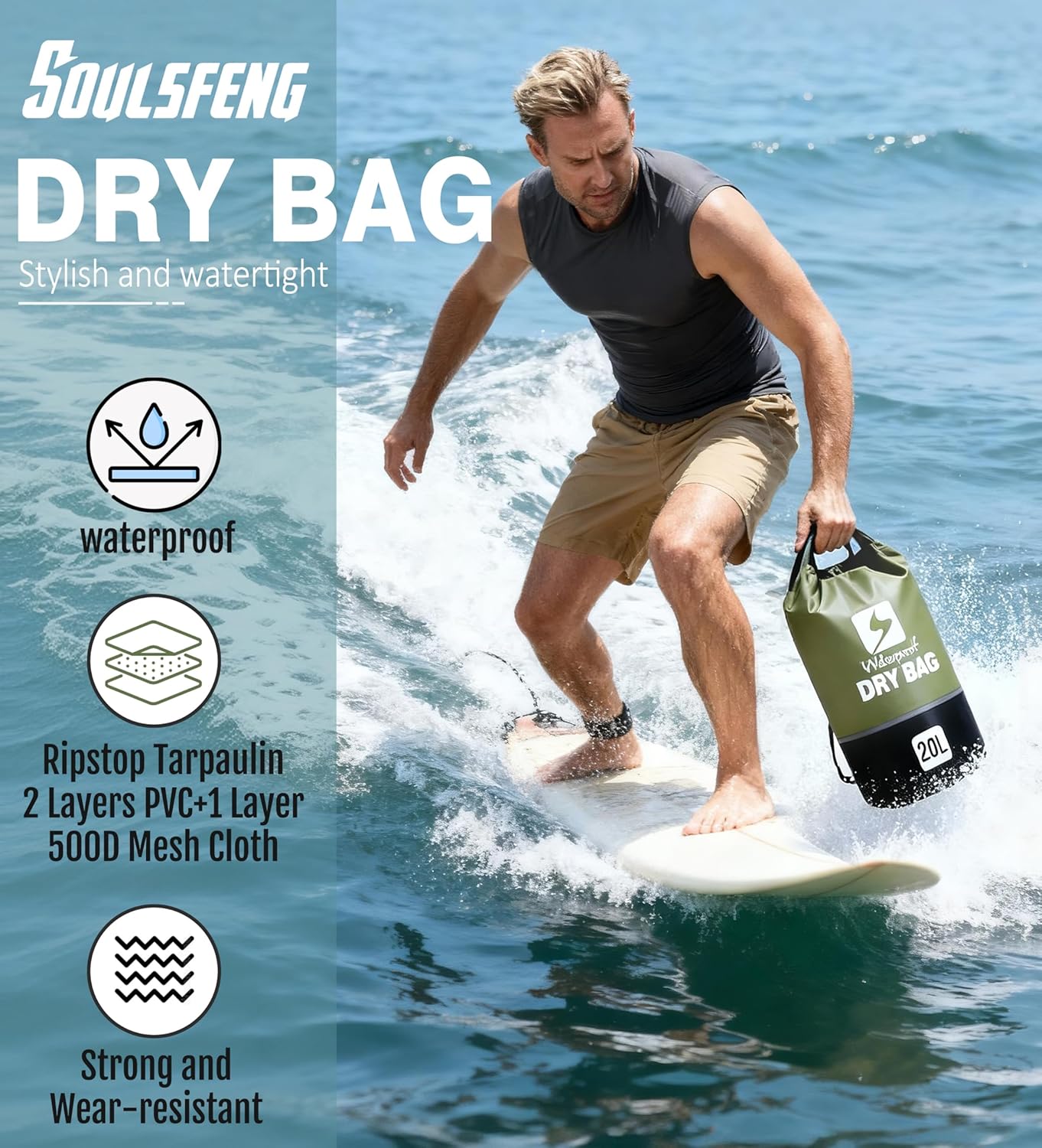 Waterproof Dry Bag - Lightweight Roll Top Backpack for Boating, Kayaking, Travel & Hiking | 10L Adjustable Shoulder Straps