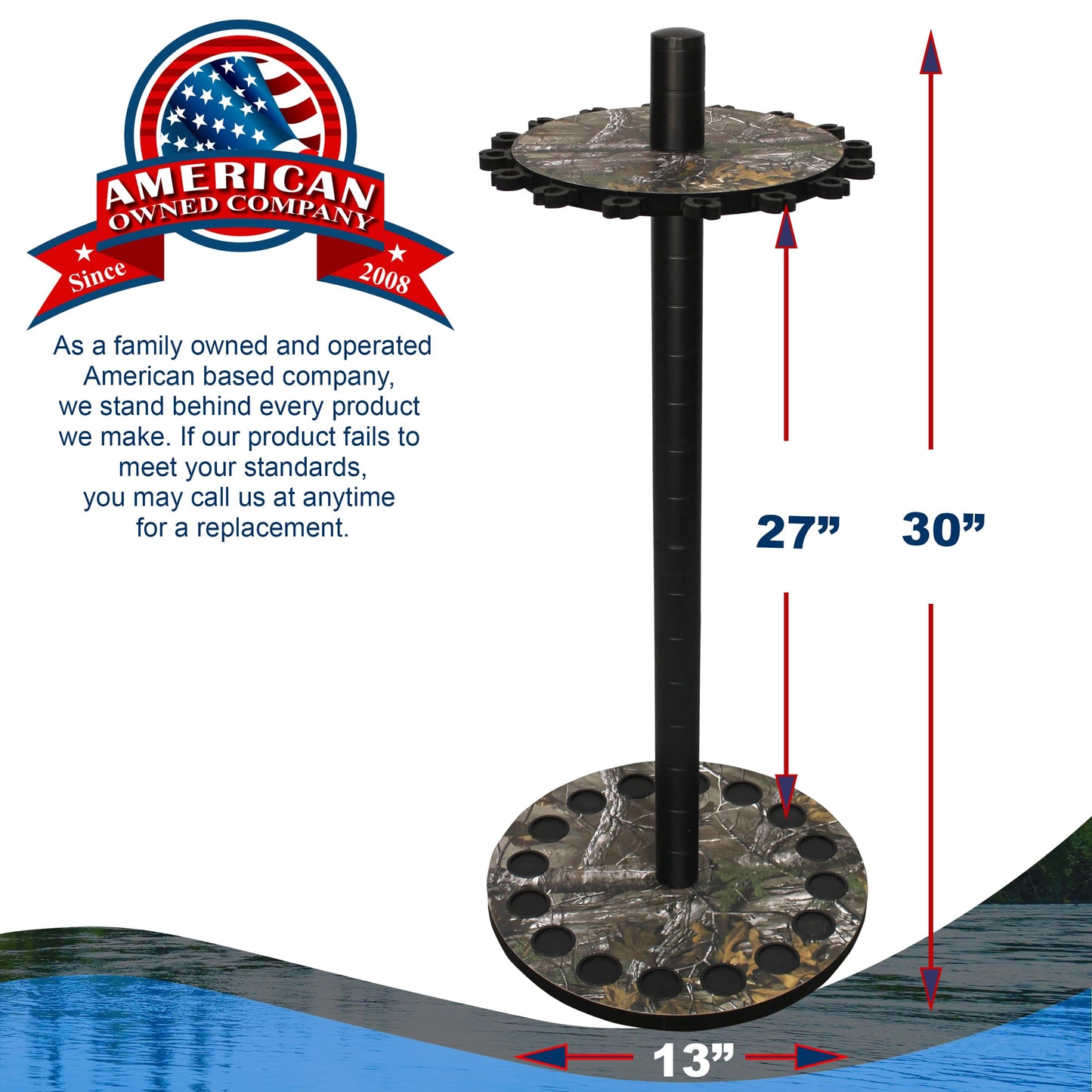 Rush Creek Creations | Round Spinning Fishing Rod Holder for 16 Freshwater Fishing Poles, Fishing Gear, and Fishing Accessories | Fishing Rod Rack with 16 Fishing Rod Clips for Garage Organization