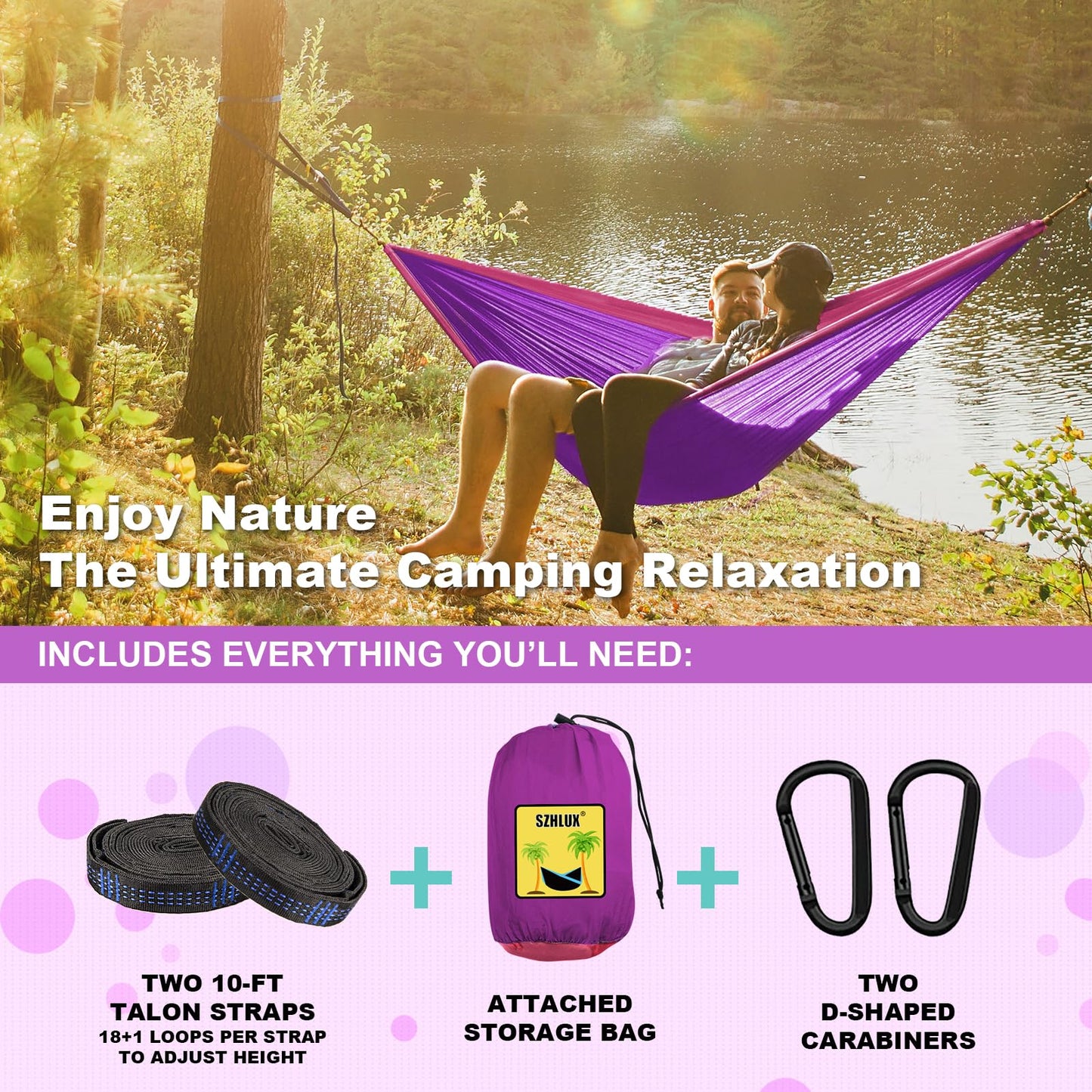 SZHLUX Camping Hammock Double & Single Portable Hammocks with 2 Tree Straps, Great for Hiking,Backpacking,Hunting,Outdoor,Beach,Camping