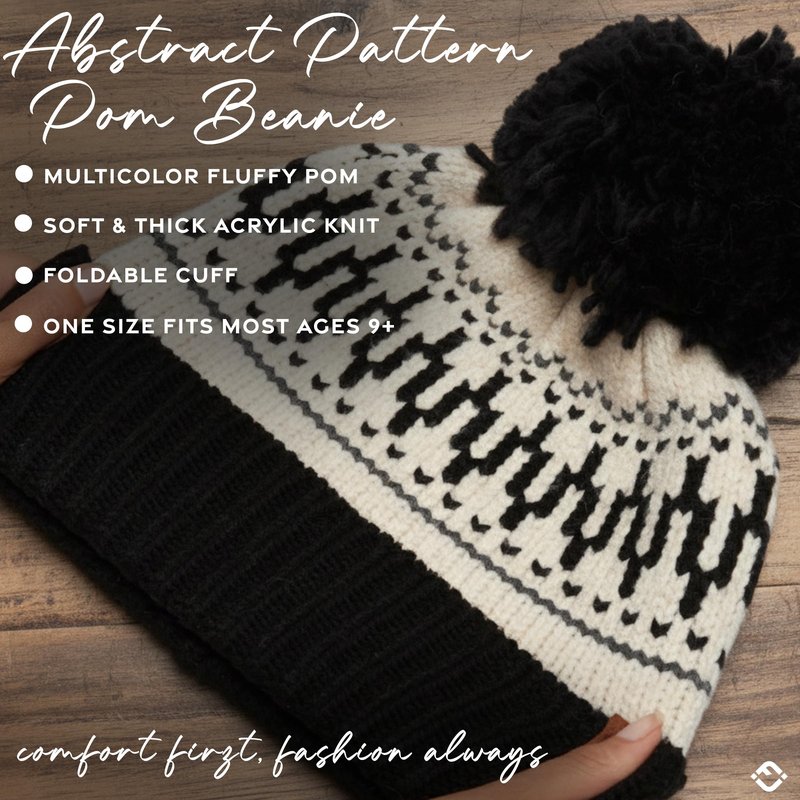Funky Junque Women’s Winter Beanie Hat – Abstract Knit Pom Pom Beanie, Soft Rayon Polyester Nylon Blend, Après Ski Cold Weather Hat - Black