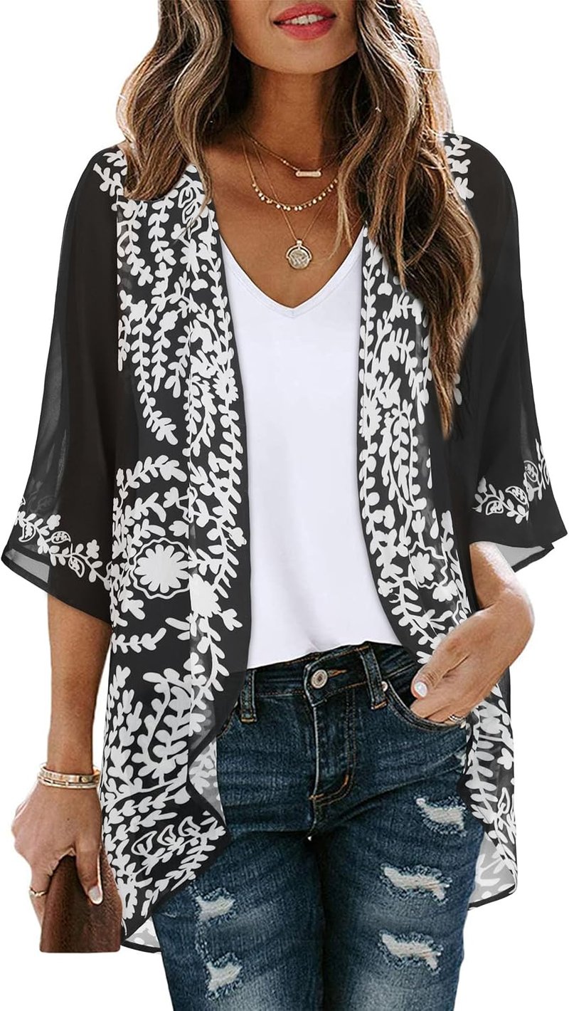Floral Print Puff Sleeve Kimono Cardigan - Casual Loose Cover Up Top for Women | 2026 Style