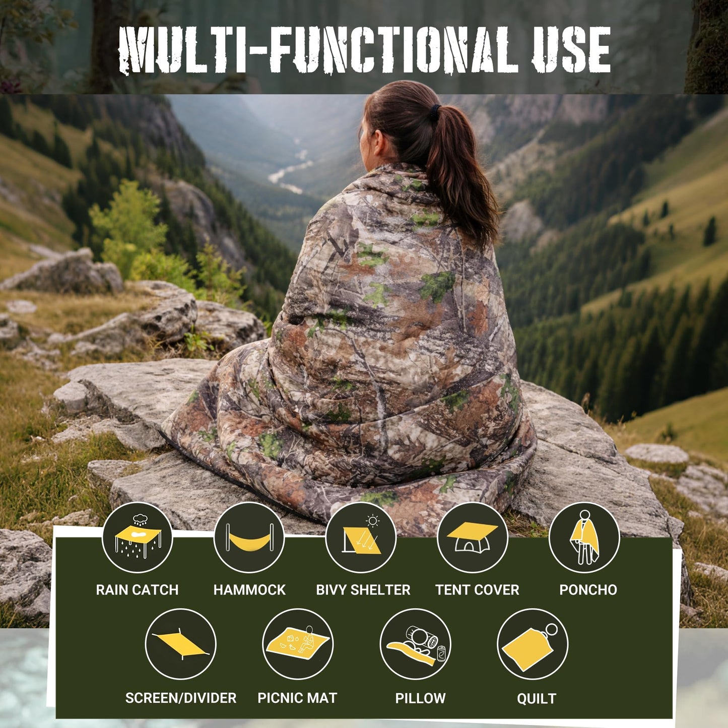Lenotos Woobie Blanket, Thermal Insulated Military Poncho Liner, Water-Resistant, Portable, Insulation, for Hiking, Survival with Compression Carry Bag (Tree Camo Bionic)