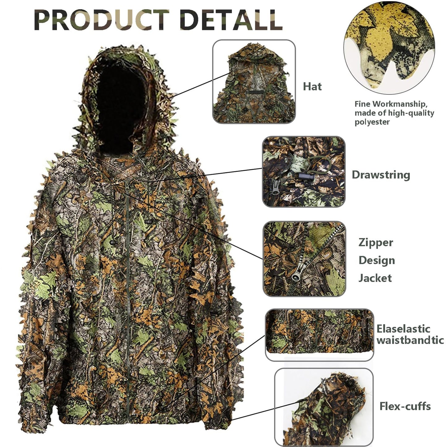 Favuit Ghillie Suit, 3D Leafy Camo Suits Hunting Camouflage Clothing Woodland Ghillie Apparel for Men Turkey Hunting Wildlife