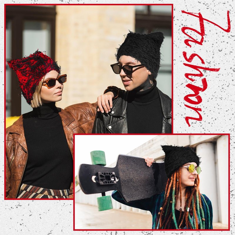 Chuarry 2 Pcs Distressed Knitted Cat Beanie Fuzzy Crochet Hat Y2k Hat Cat Ear Beanie Thick Winter Hats for Men Women Outdoor Red, Black