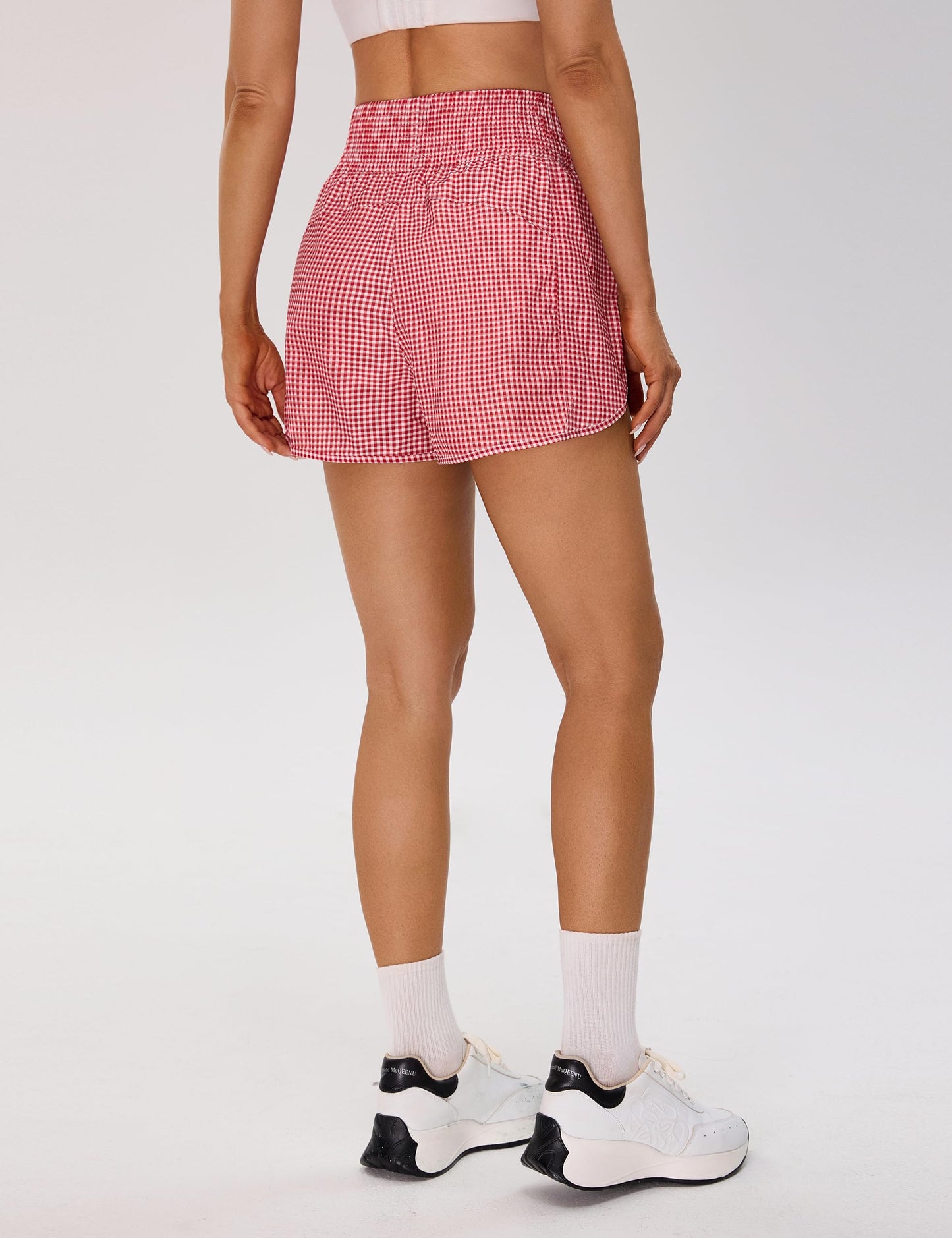 BMJL Women's Athletic Shorts High Waisted Running Short Pocket 2.5" Sporty Shorts Gym Elastic Workout Shorts(M,Red Plaid)