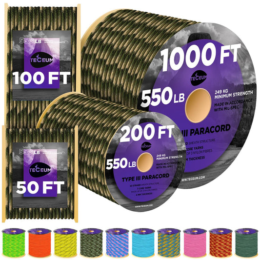 TECEUM Paracord Type III 550 Forest Camo – 50 ft – 4mm – Tactical Rope MIL-SPEC – Outdoor para Cord –Camping Hiking Fishing Gear and Equipment – EDC Parachute Cord – Strong Survival Rope 790b