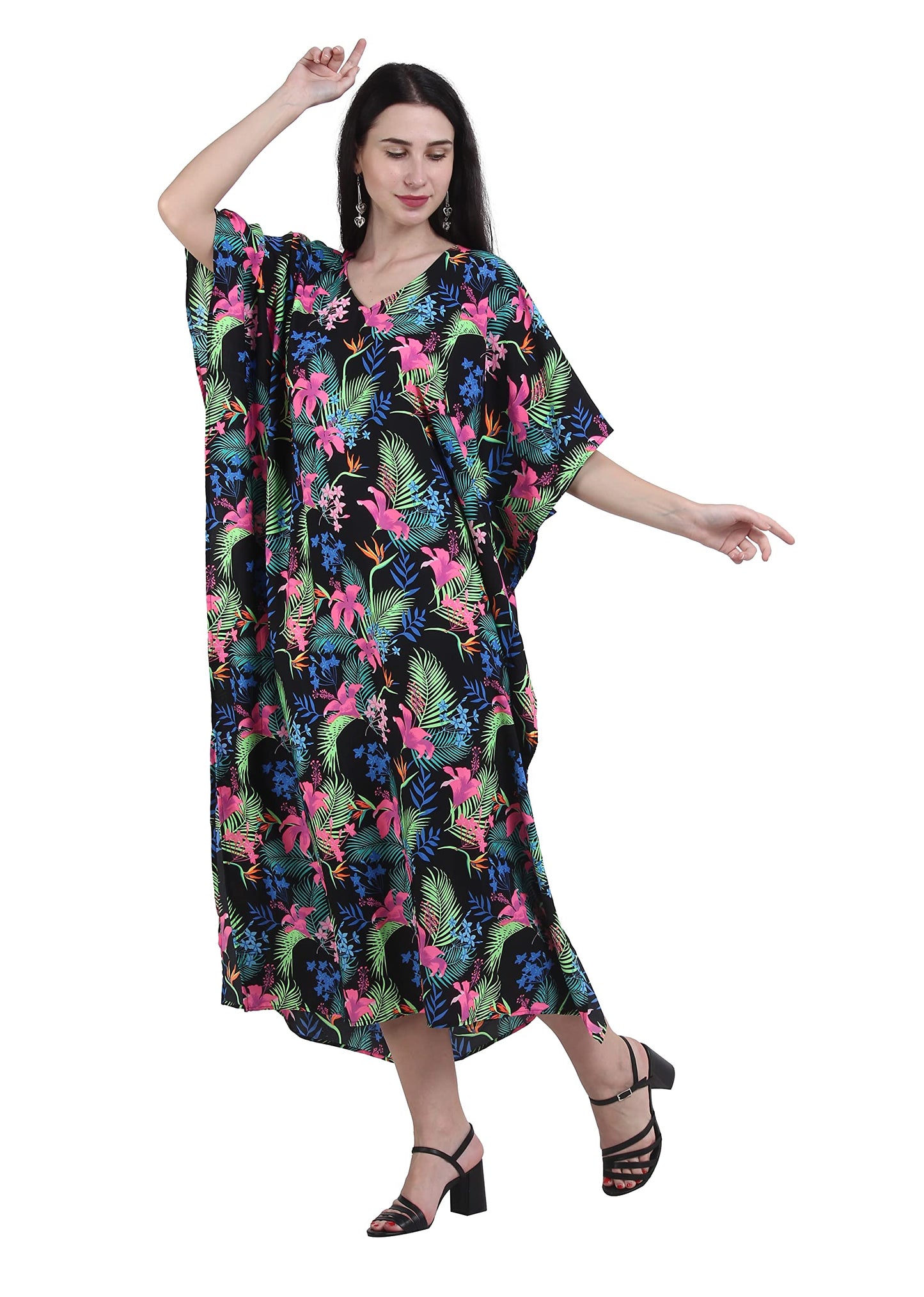 SheKaf Kaftan dress for Women - Moomoo/Mumu Boho Caftan Beach Swimsuit Bathing Swimwear Cover ups Maxi moo moo House Lounge wear Valentines gift (Black Neon floral Long)