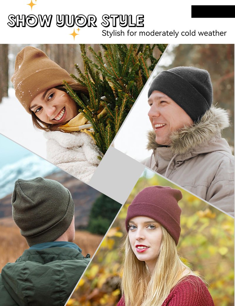 Fleece Lined Wool Beanie for Men Women, Knit Winter Hats Warm Cuffed Stocking Skull Cap Fashion Slouchy Beanies, Black