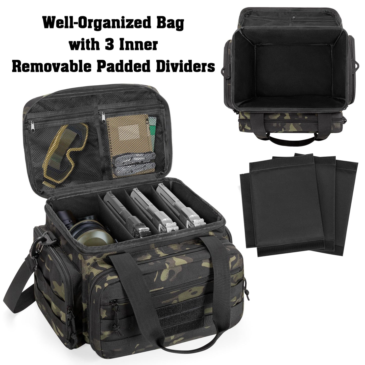 DSLEAF Tactical Gun Range Bag for 4 Handguns, Pistol Shooting Range Bag with 6X Magazine Slots and Extra Pockets for Ammo and Essentials