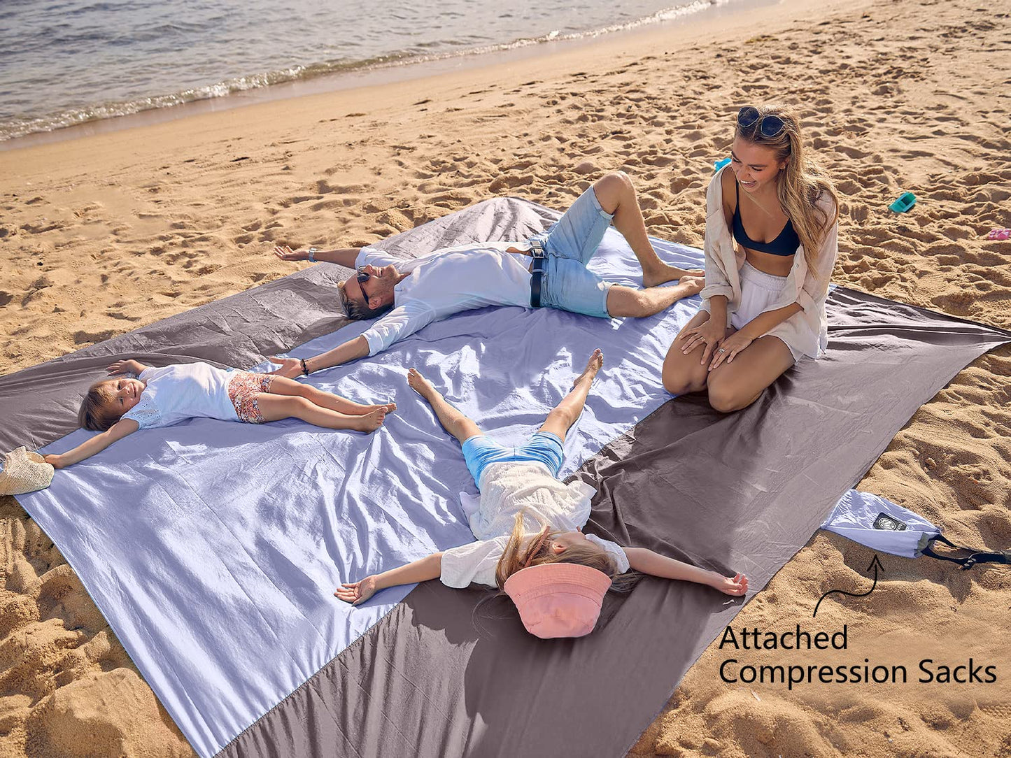 WEKAPO Beach Blanket Sandproof, Extra Large Beach Mat, Big & Compact Sand Free Mat Quick Drying, Lightweight & Durable with 6 Stakes & 4 Corner Pockets (Purple, 7x7 FT (1～3 person))