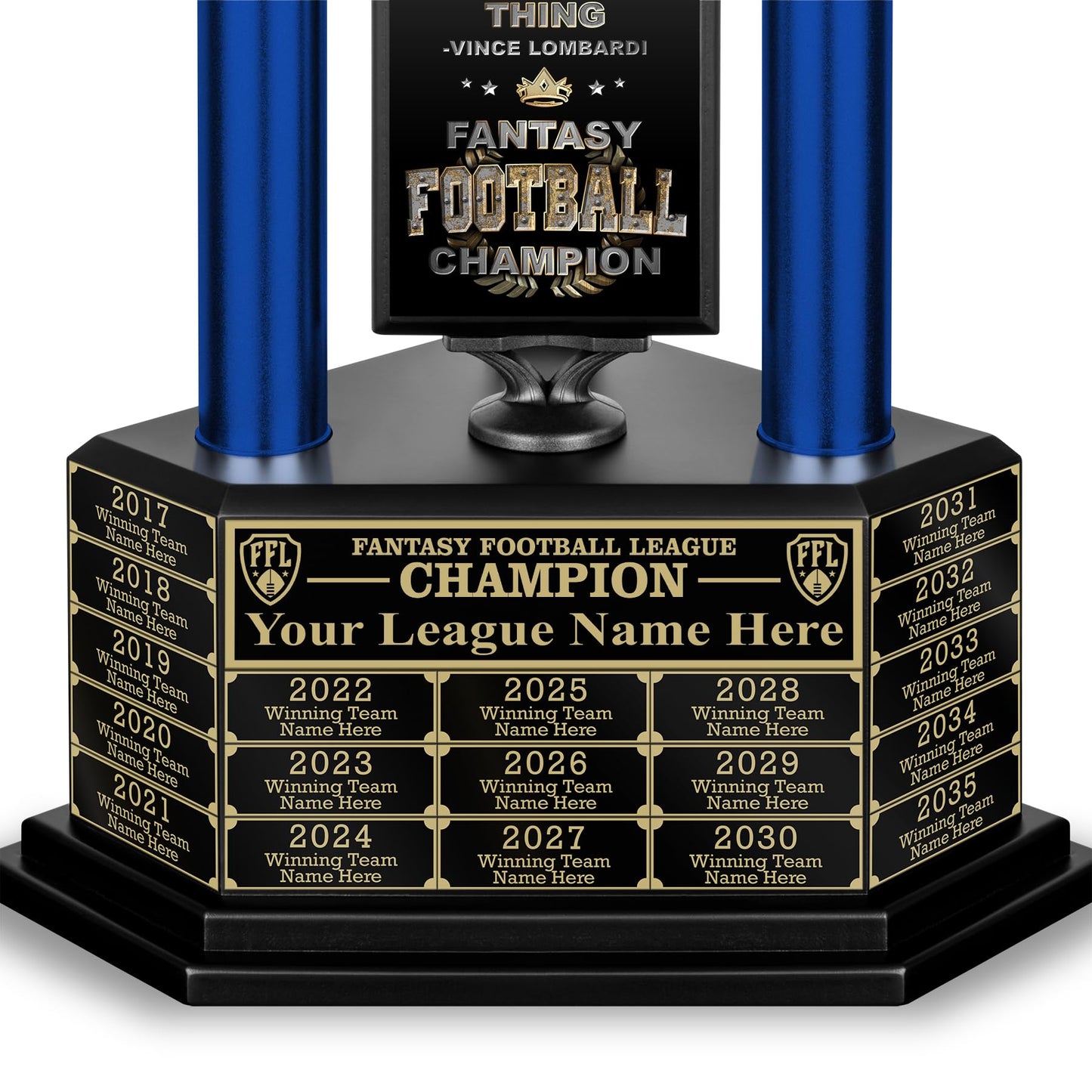 TrophySmack Perpetual Fantasy Football Trophy - Customizable Championship Trophy Award Winner | Free Engraving up to 19 Years Past Winners, 56 Inch Tall (Blue Gold)