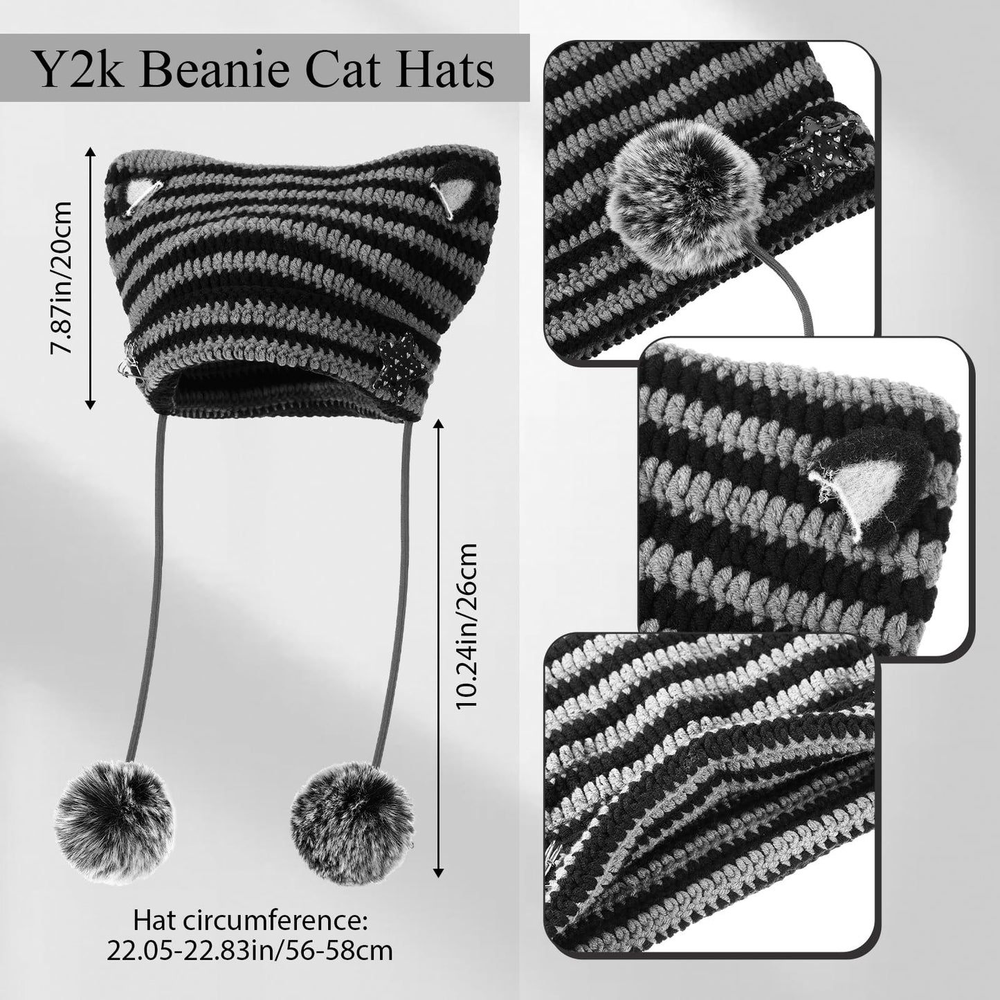 Silicherry Y2k Beanie Cat Crochet Hats Cat Beanie Accessories with Kawaii Leg Cover for Women Girls(Black,Gray,Classic)