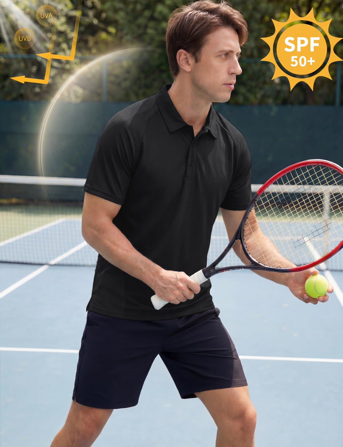 TACVASEN Black Polo Shirts for Men Short Sleeve Dry Fit Breathable UPF 50+ Performance Collared Shirt Summer Work Athletic,L