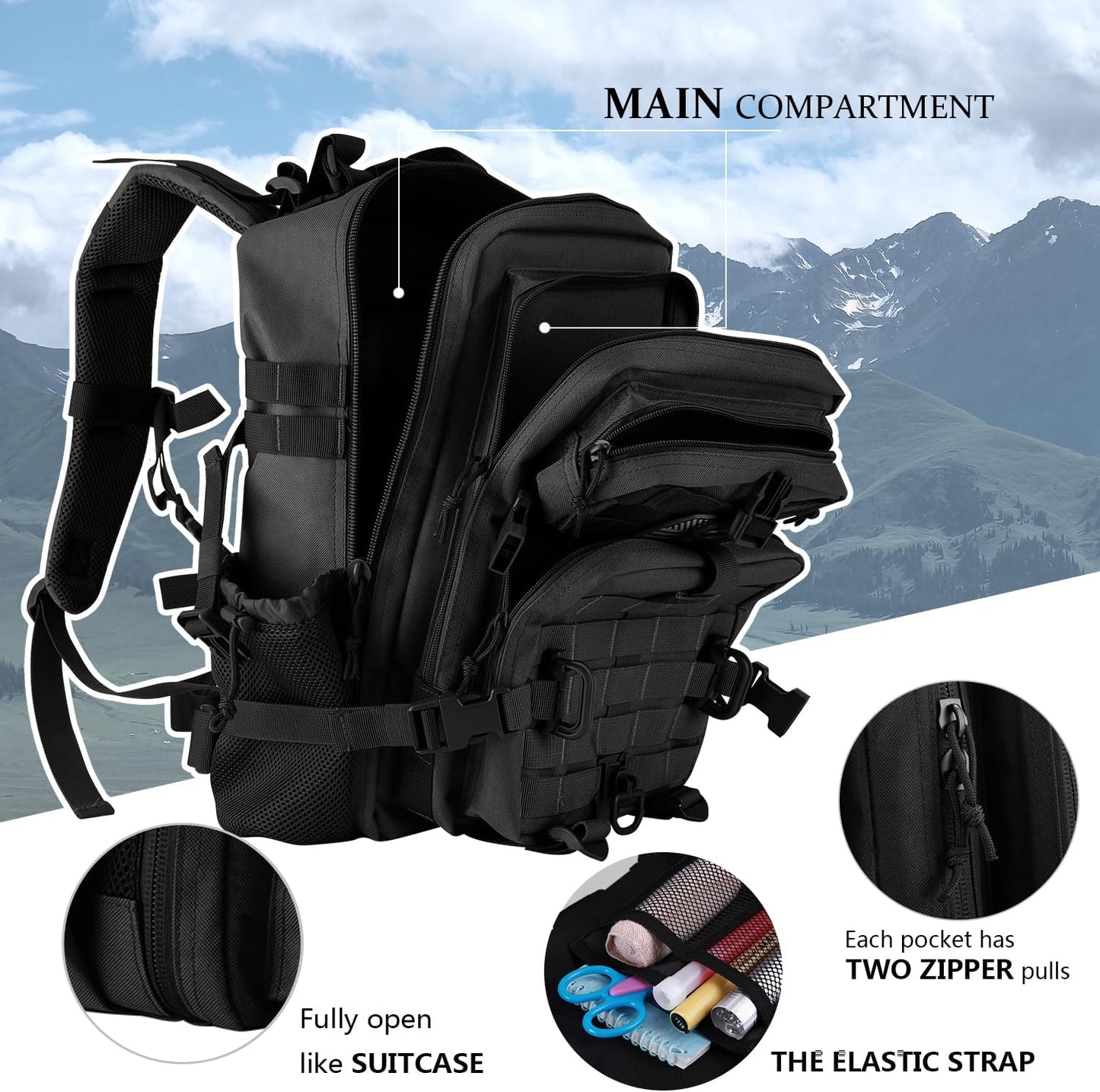 Hannibal Tactical 30L MOLLE Assault Pack - Military Backpack for Camping & Hiking | Black