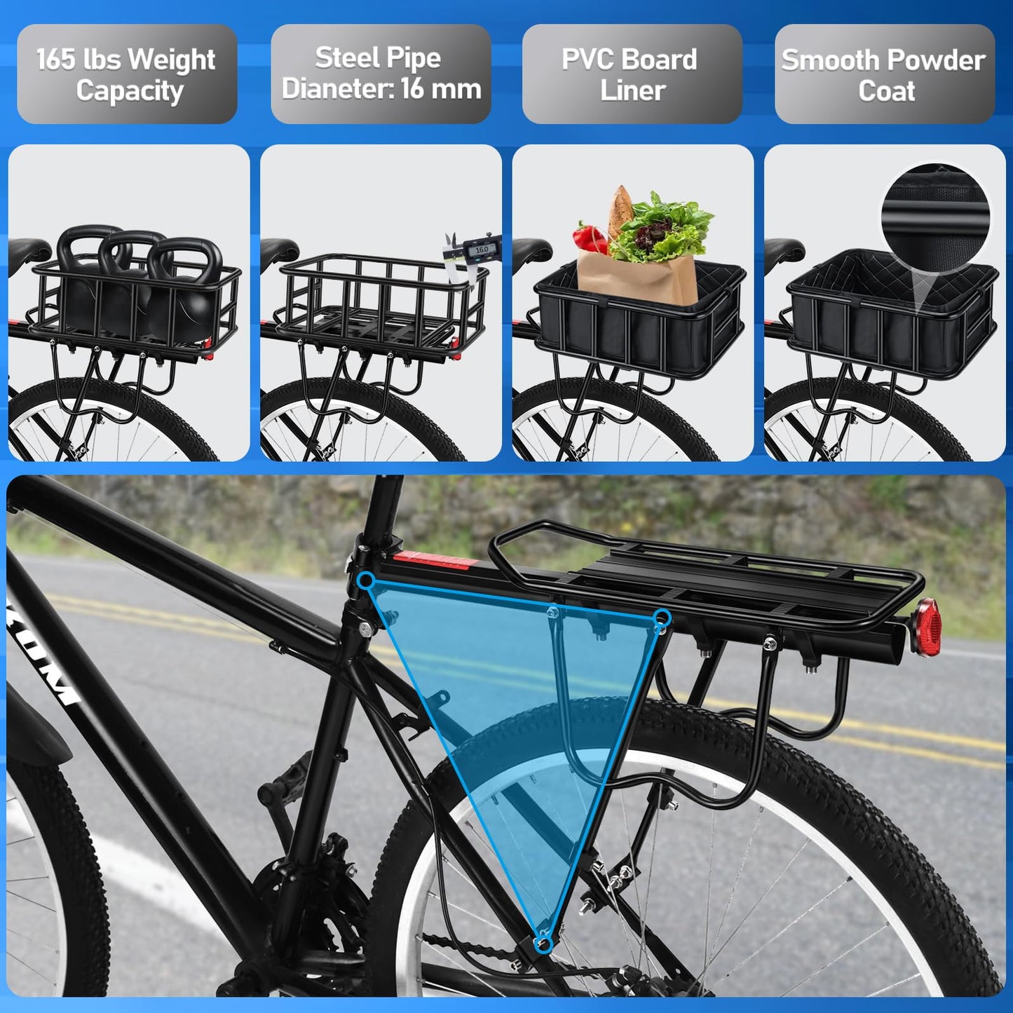 Upgraded Rear Bike Rack with Basket, Removable Adjustable Bike Basket Rear with Liner,Waterproof Cover,Cargo Net, Heavy Duty Bicycle Rear Basket for Most Bikes and E-Bike