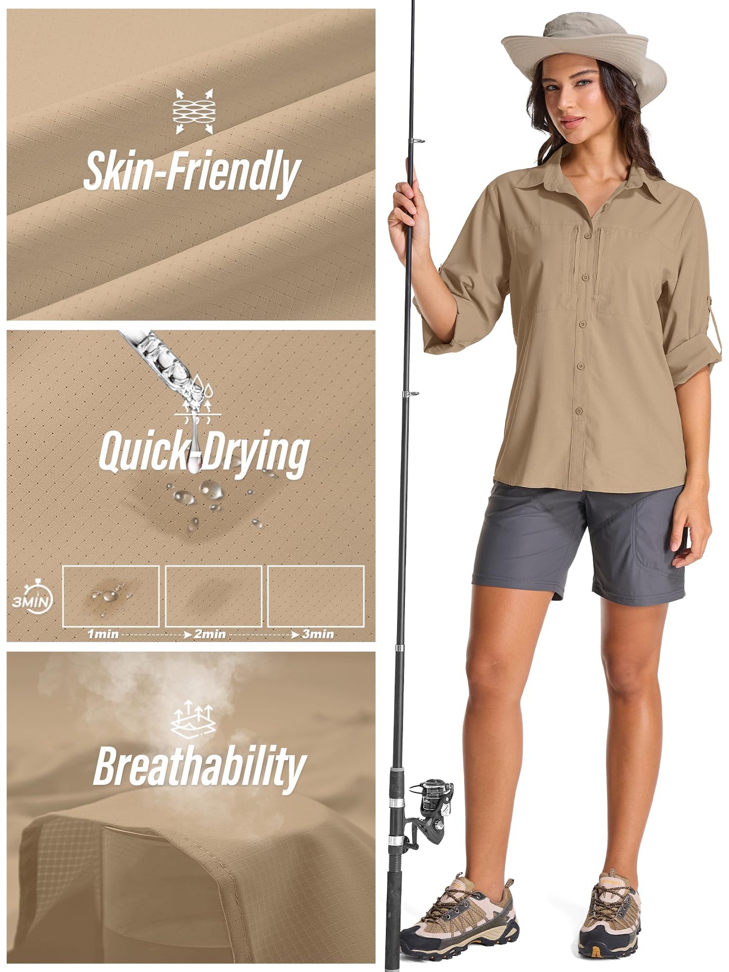 Women's UPF 50 Long Sleeve Sun Shirt - Safari & Hiking Quick-Dry UV Protection Button-Up Travel Shirt for Fishing,Gardening,Africa,5087,Gravel Brown,L